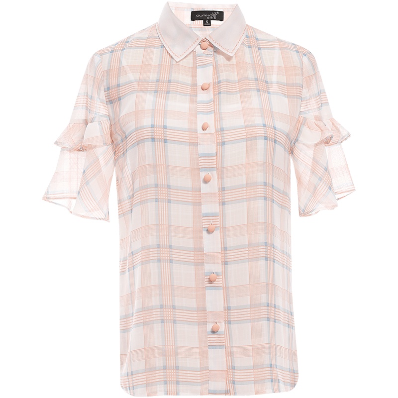 欧昵雪仿真丝格子雪纺衬衫女荷叶边喇叭短袖上衣