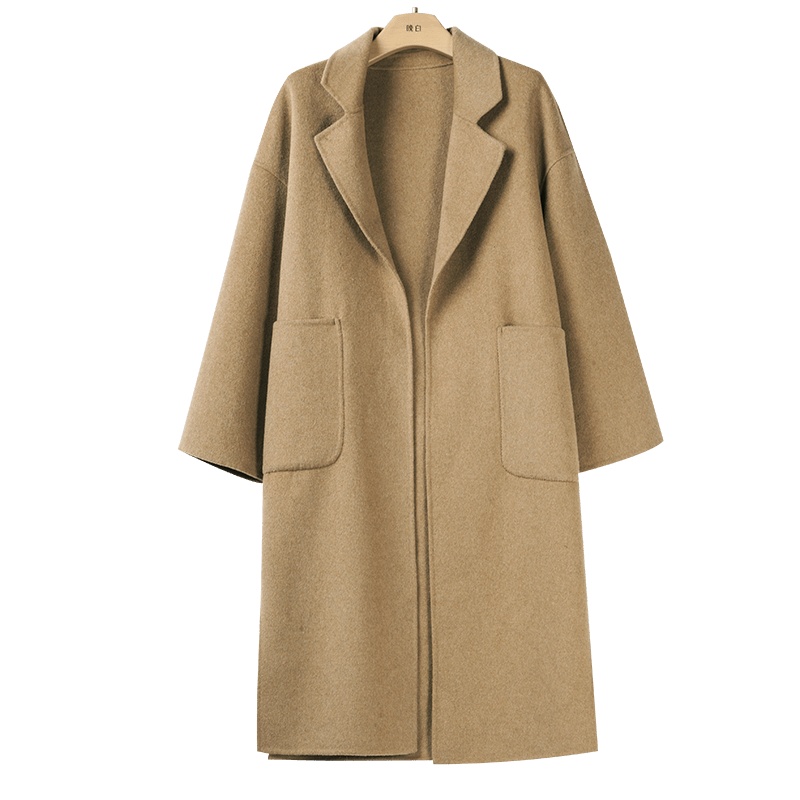 晚白2020冬季新品时尚简约纯色长袖中长款休闲通勤羊毛大衣外套女