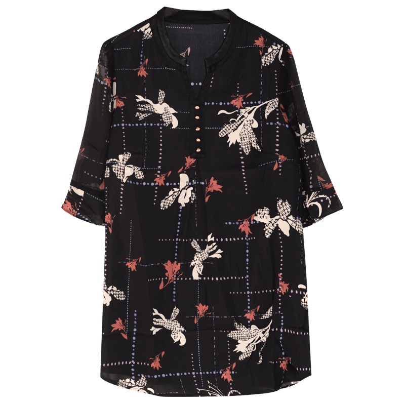 金菊2020夏五分袖真丝T恤女宽松时尚印花桑蚕丝气质上衣