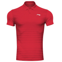李宁LI-NING2018年条纹情侣款运动翻领针织短装夏季舒适休闲运动服