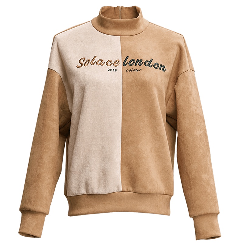 欧昵雪秋冬字母绣花麂皮绒撞色半高领套头宽松卫衣女长袖