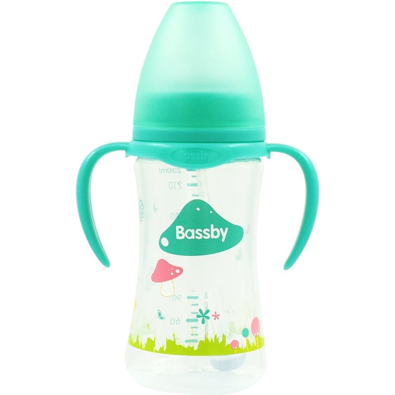 荷兰贝斯比宽口弧形PP自动奶瓶宽口径自动吸管大奶瓶防摔防胀气230ml粉绿色