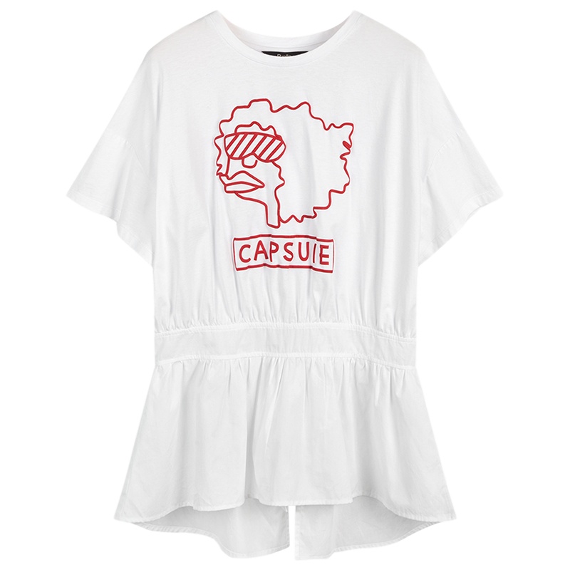 拉夏贝尔白色T恤女中长款夏新款卡通印花体恤短袖收腰打底衫上衣