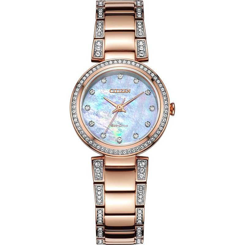 西铁城 CITIZEN 手表 光动能天然贝母盘不锈钢镀粉金色表带时尚商务女表 EM0843-51D
