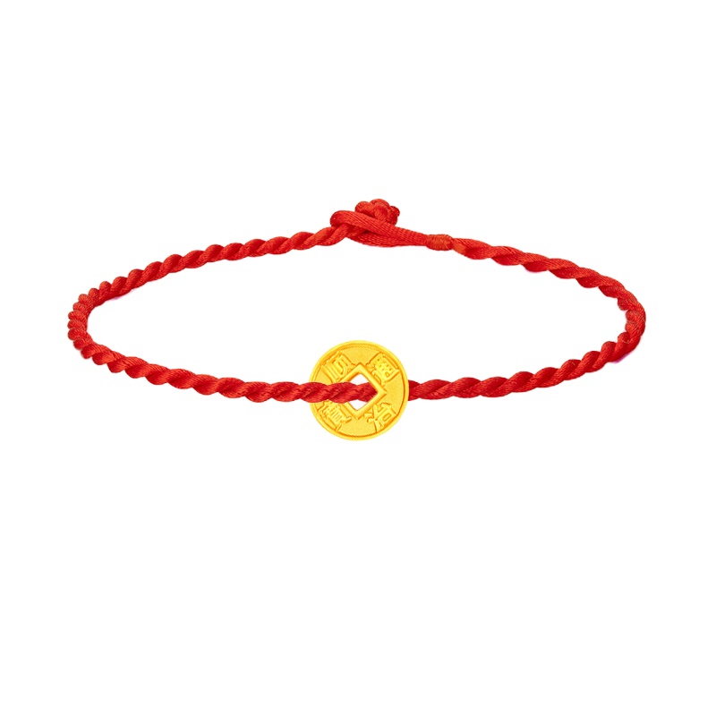 Letrange足金硬金五帝币福币黄金吊坠红绳手链