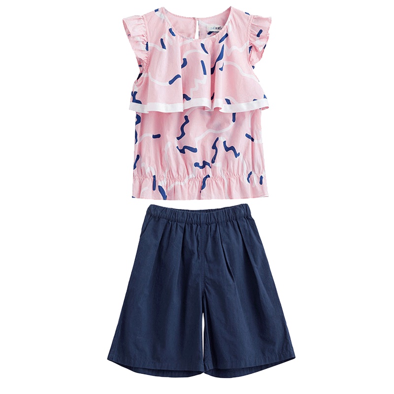 茵曼童装夏装女童洋气儿童套装短袖T恤短裤两件套