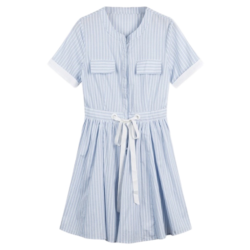 拉夏贝尔条纹圆领衬衫裙夏新款韩版短袖收腰A字连衣裙潮
