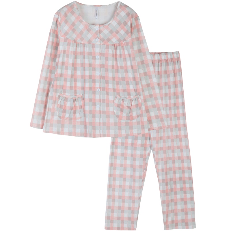 红豆居家(Hodohome)20年新款女士纯棉格纹甜美休闲风长袖家居服套装可外穿