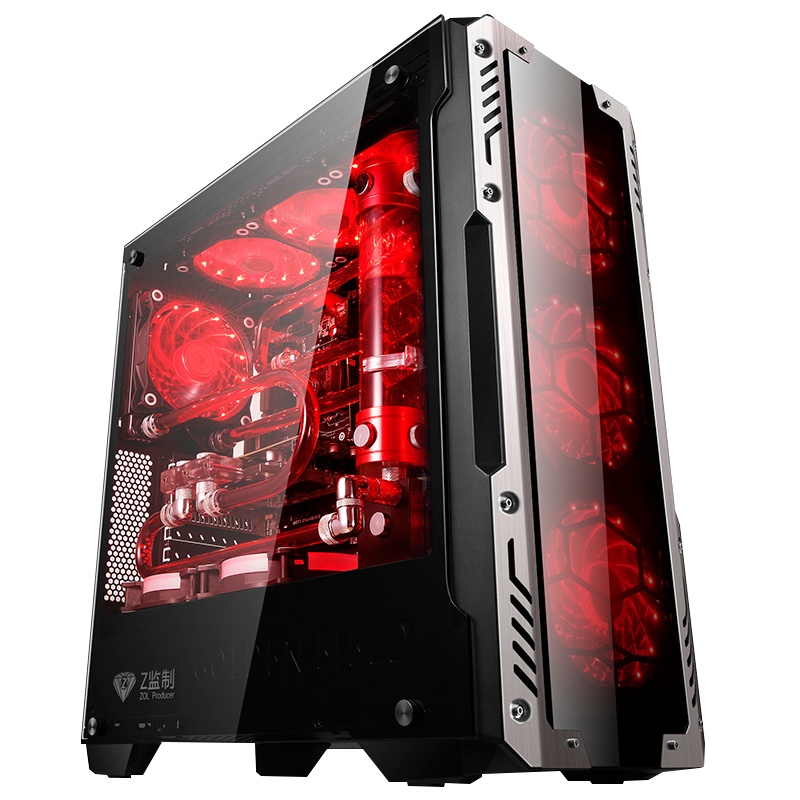 金河田峥嵘Z2黑色台式电脑水冷主机箱玻璃面板ATX游戏大侧透+6个红光风扇 电脑机箱
