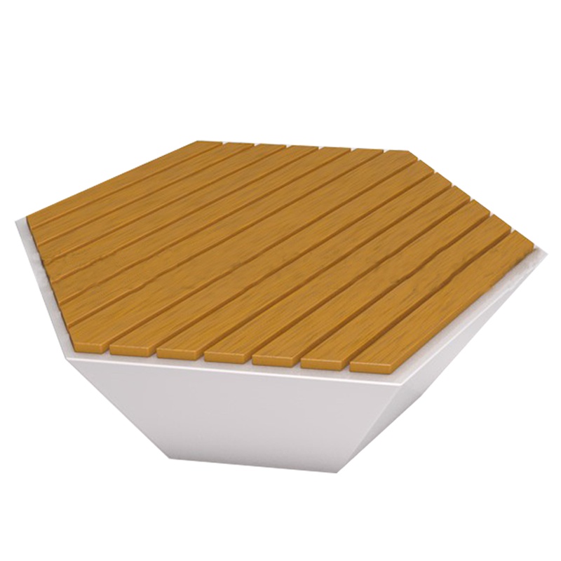 精创美陈设计制作玻璃钢座椅商场陈坐凳防腐木木艺六边形休息椅