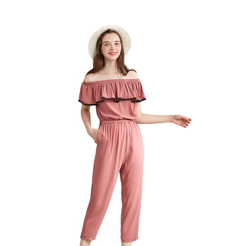 美丽衣橱一字肩连体裤女2019秋新款时尚百搭纯色宽松显瘦连衣裤