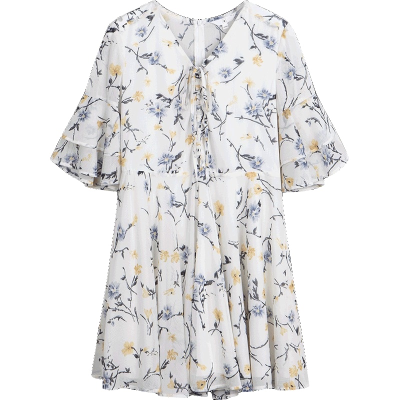 拉夏贝尔夏季新款连衣裙7Modifier莫丽菲尔雪纺百褶短裙夏季新款韩版短袖宽松显瘦小清新连衣裙女70008913