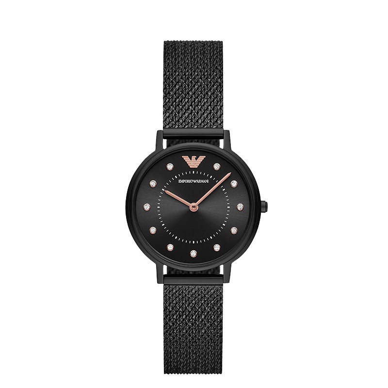 Armani阿玛尼黑色镶钻手表女 编织钢带女士腕表AR11252