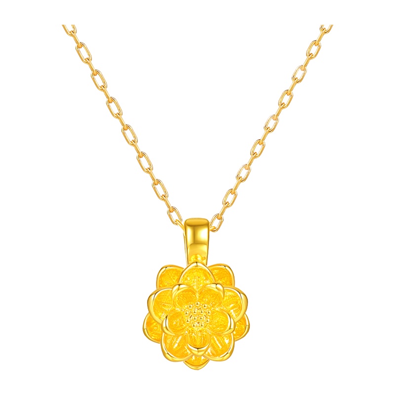 GZUAN古钻珠宝 好运莲莲 黄金3D硬金莲花女士吊坠项链 YJD0045