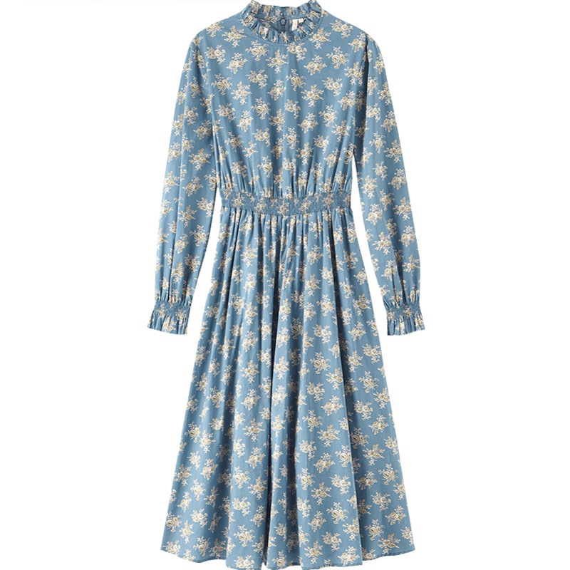 茵曼2019秋季新款法式文艺纯棉木耳边雾霾蓝连衣裙女收腰显瘦过膝