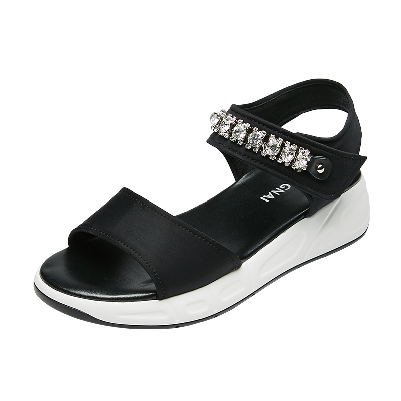 康奈女鞋 夏季纯色露趾魔术贴水钻平跟凉鞋女潮流休闲百搭中跟凉鞋15284021