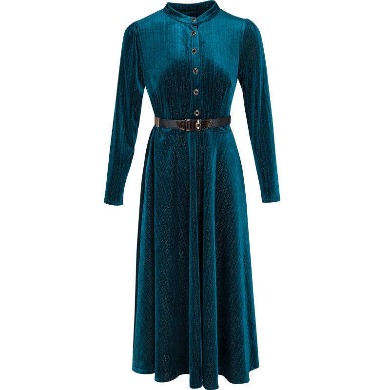 晚白2021春季新品复古立领长袖修身显瘦A字丝绒裙纯色连衣裙女