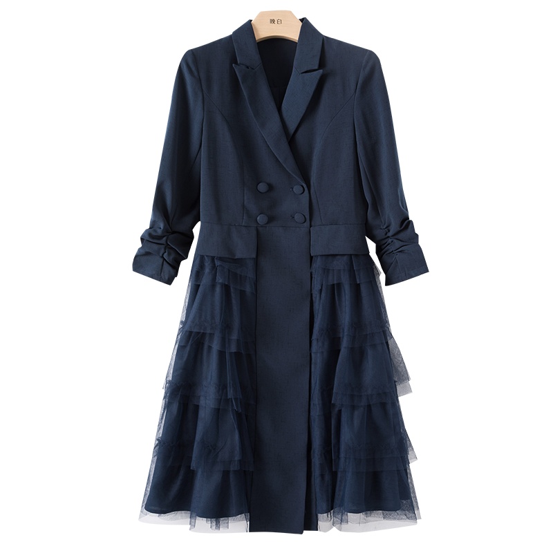 晚白2020秋冬新品通勤减龄纯色抽褶袖蛋糕裙纱纱裙修身连衣裙女