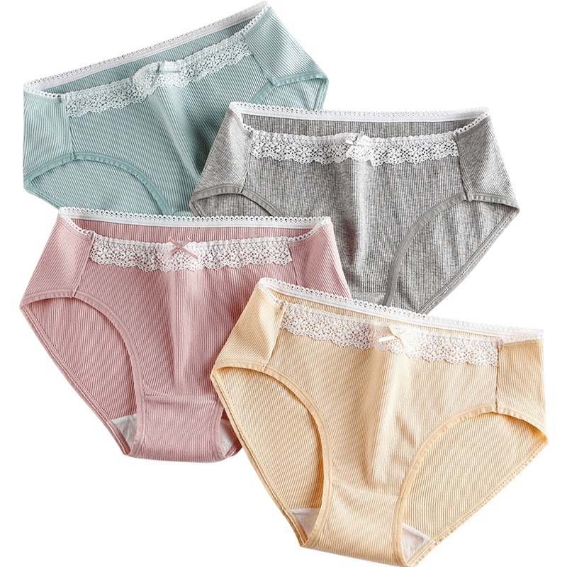 莫代尔 4条装女内裤舒适棉质蕾丝可爱性感清新文艺 中腰女士三角内裤