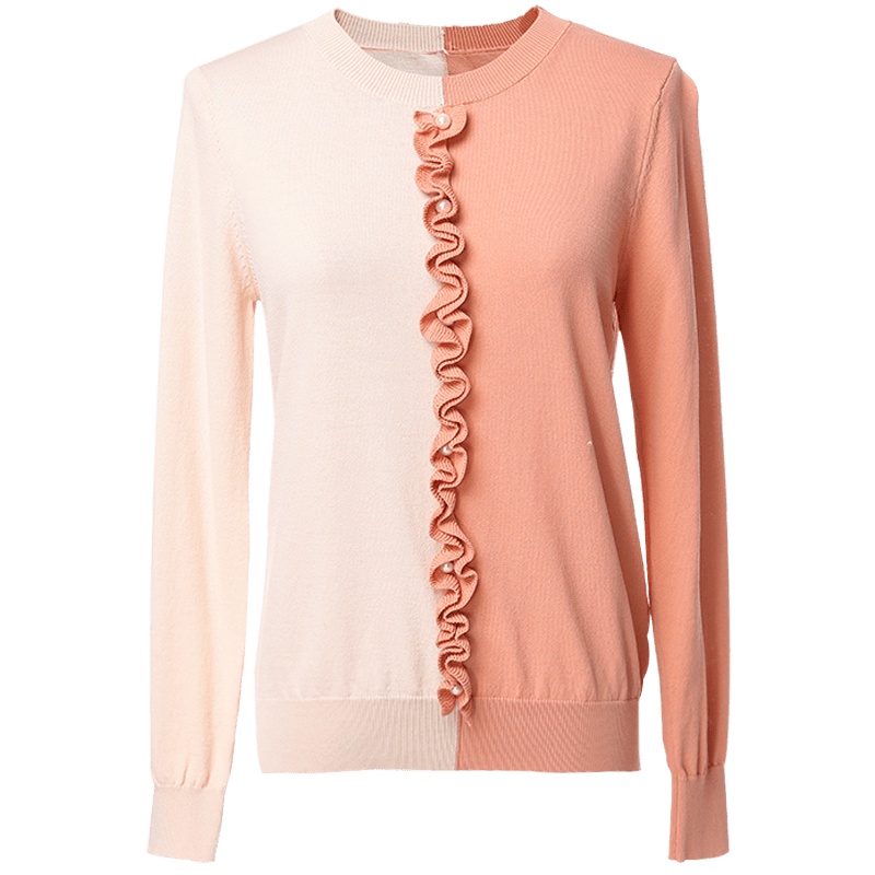 欧昵雪秋装木耳边钉珠拼接撞色圆领套头针织衫女长袖上衣