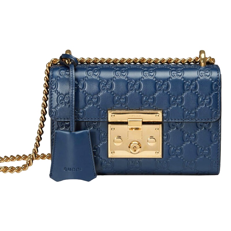 [海外直邮]GUCCI 古驰女包蓝色小牛皮双G压纹链条锁扣女士小号斜挎单肩包409487 CWC1G 4157