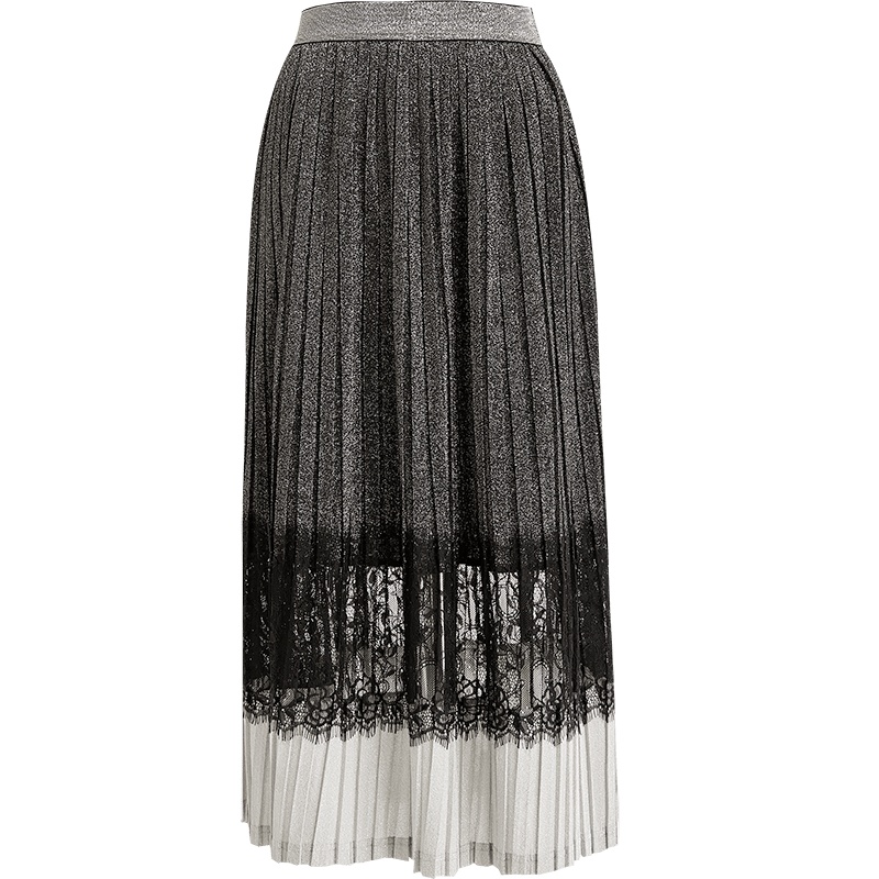 欧昵雪高腰拼接蕾丝睫毛亮丝a字裙女显瘦百褶半身裙