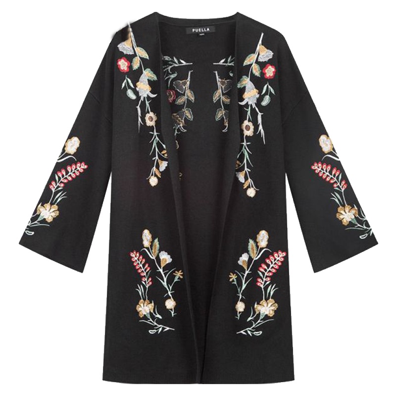 拉夏贝尔Puella春夏季韩版刺绣花针织衫开衫外套女中长款