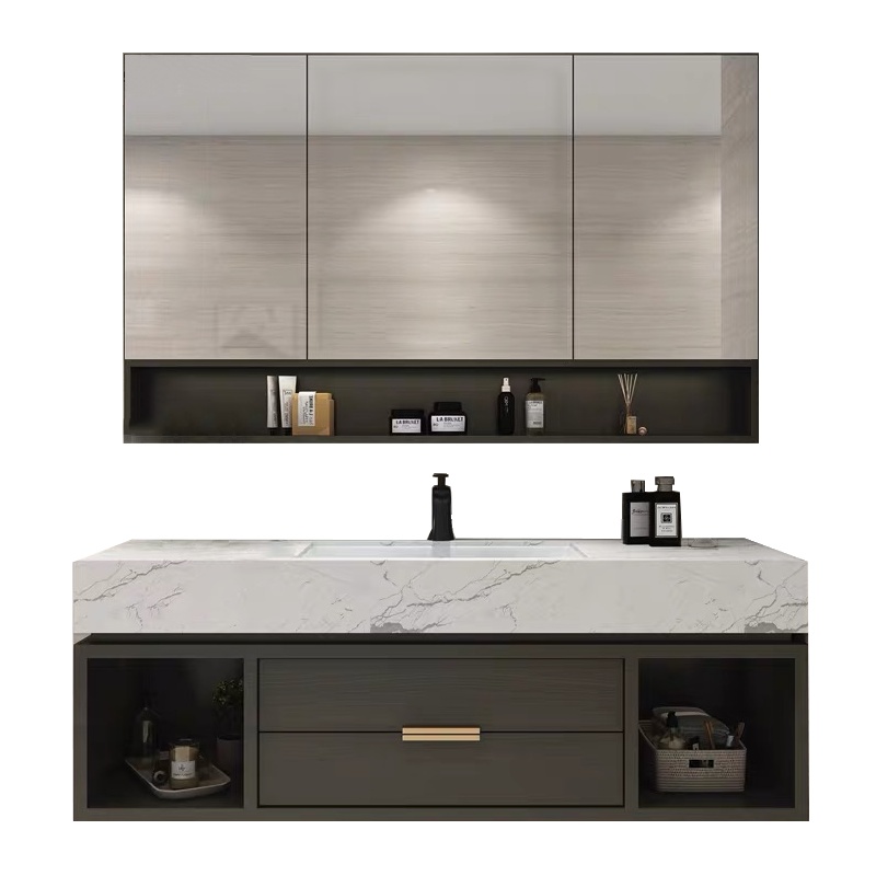 恒妙北欧轻奢浴室柜组合现代简约洗脸盆落地洗手池洗漱台卫浴柜吊柜卫生间柜大理石台盆面盆可定制
