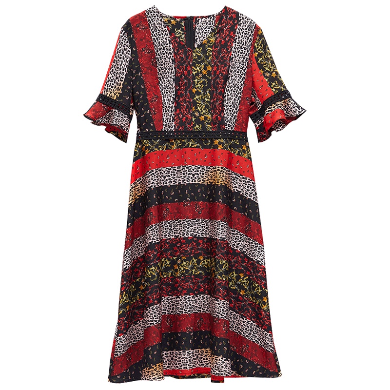 马克华菲女装2019夏豹纹印花连衣裙雪纺v领气质连衣裙
