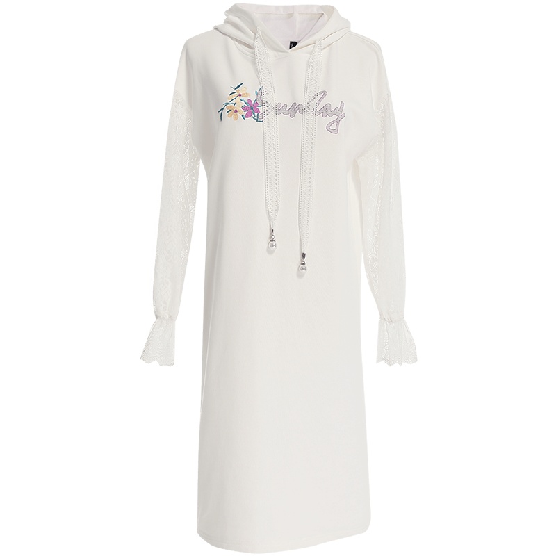 欧昵雪绣花中长款宽松连帽套头卫衣裙女蕾丝喇叭袖连衣裙