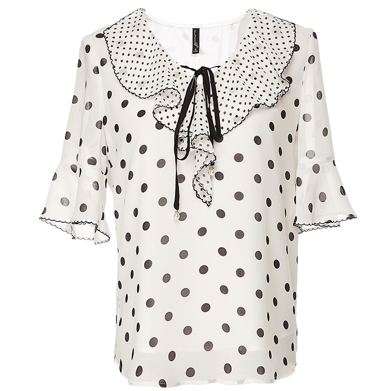 欧昵雪夏季蝴蝶结系带圆点荷叶领喇叭袖宽松波点雪纺衫上衣女短袖