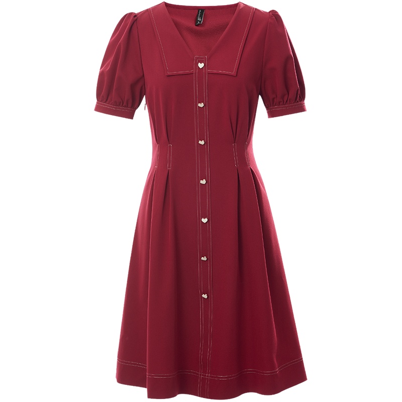 欧昵雪设计感小众V领A字裙夏季纽扣装饰收腰泡泡短袖连衣裙女