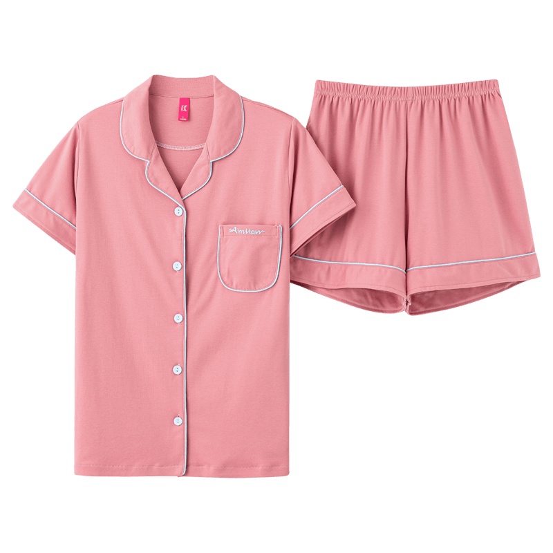 猫人女士纯棉翻领睡衣套装夏季短袖短裤开衫家居服薄款宽松可外穿家居服套装