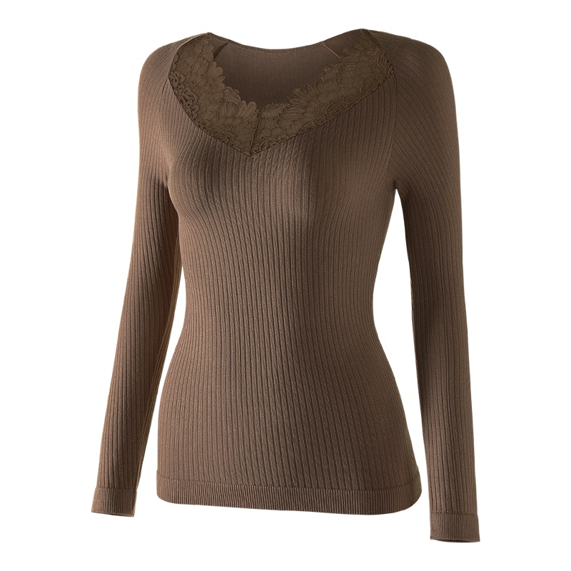 俞兆林秋冬蕾丝V领秋衣薄款无缝美体螺纹保暖内衣女修身显瘦打底衫