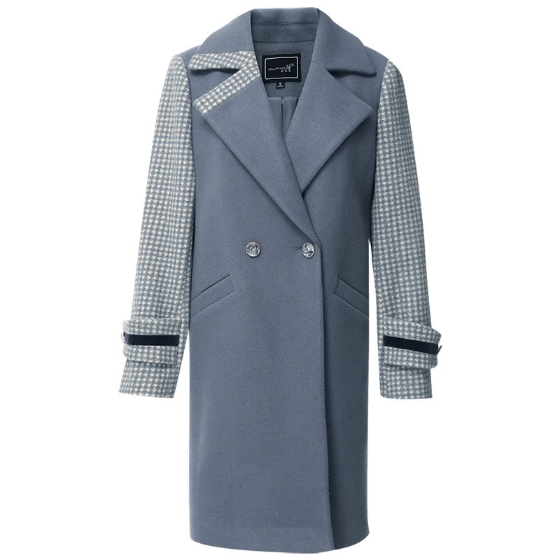 欧昵雪秋冬拼接格纹长袖宽松毛呢外套女中长款呢大衣