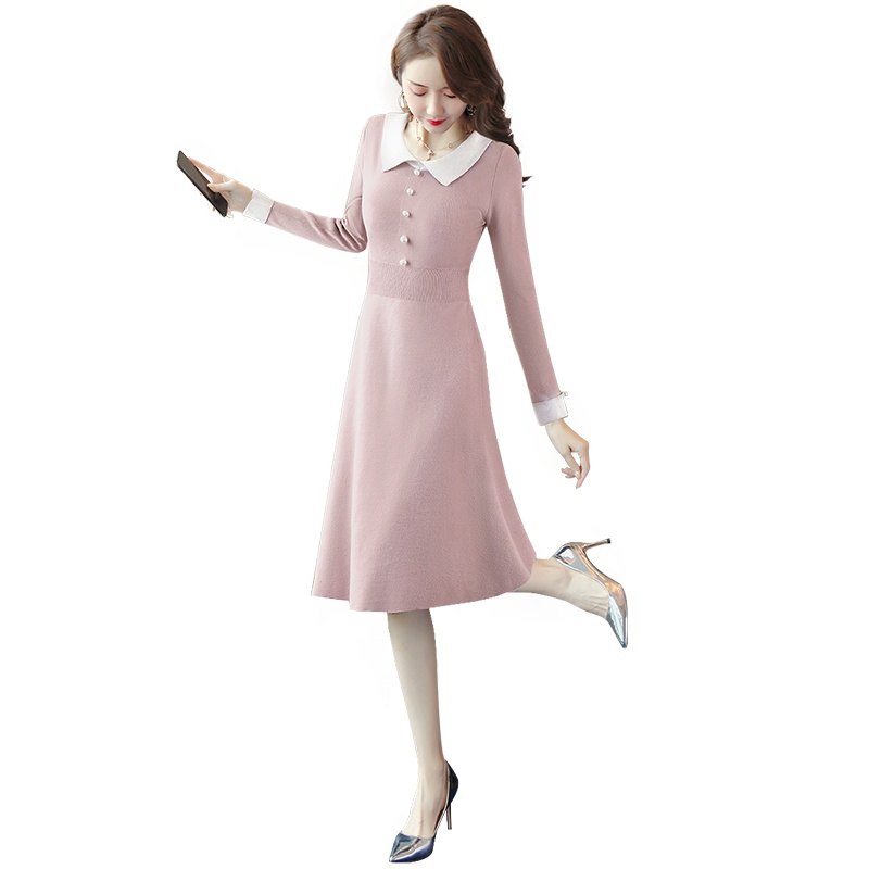 丝柏舍2019秋装女时尚简约翻领撞色钉珠修身连衣裙S93T4000L