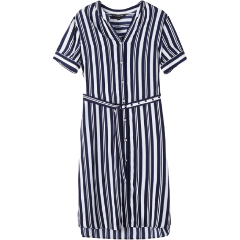 拉夏贝尔女装短袖V领职业气质时尚收腰中长连衣裙子