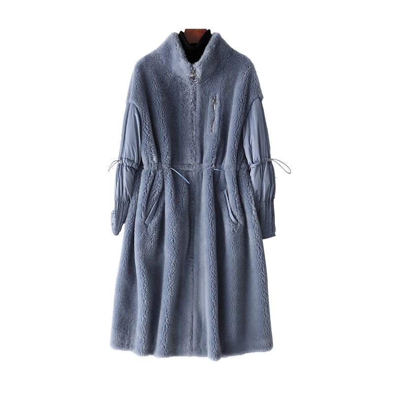 羊毛皮草长款宽松休闲拉链立领大颗粒羊毛大衣