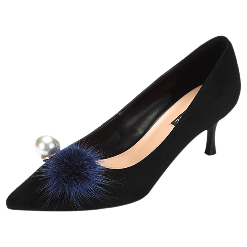 达芙妮新款珍珠毛毛绒面细跟单鞋