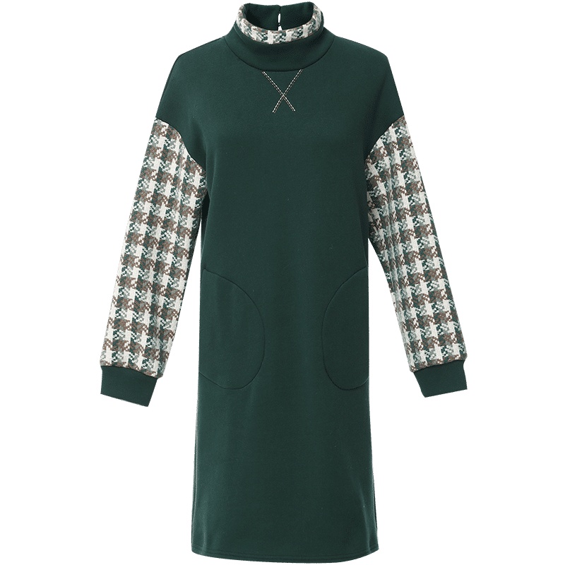 欧昵雪秋冬撞色高领拼接格子长袖宽松连衣裙女抓绒卫衣裙