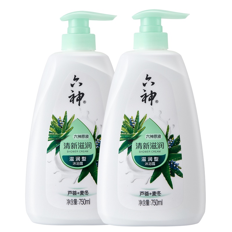 六神清新滋润沐浴露750ml两瓶装(男士女士沐浴液 沐浴乳 补水保湿滋润 芦荟麦冬双重植物菁萃 )