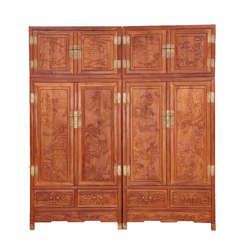 周家庄 红木家具非洲花梨(学名:刺猬紫檀)衣柜实木高衣柜 储物柜 中式四门顶箱衣柜组合