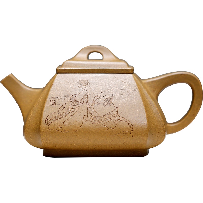 宜兴紫砂壶名家范小君纯全手工茶壶原矿黄金段四方抽角石瓢 300cc 四方抽角 高工手工刻绘 黄金段