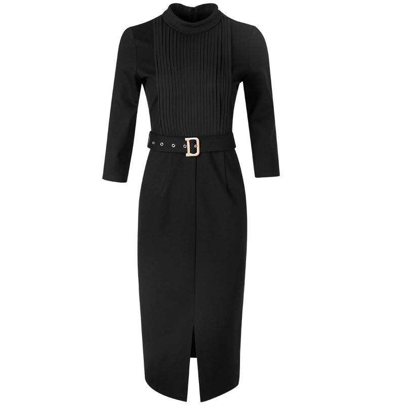 晚白2021春季新品简约百搭纯色修身显瘦立领高腰包臀裙连衣裙女