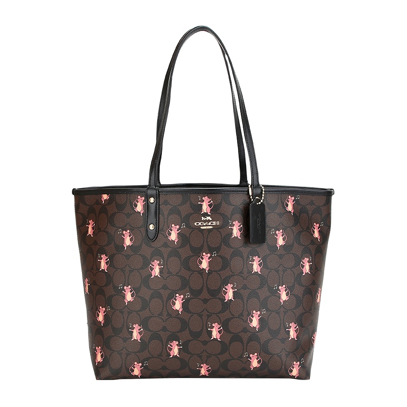 COACH 蔻驰 奢侈品 女士动物派对系列卡其图案款人造革双面手提单肩包托特包