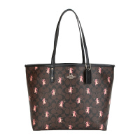 COACH 蔻驰 奢侈品 女士动物派对系列卡其图案款人造革双面手提单肩包托特包