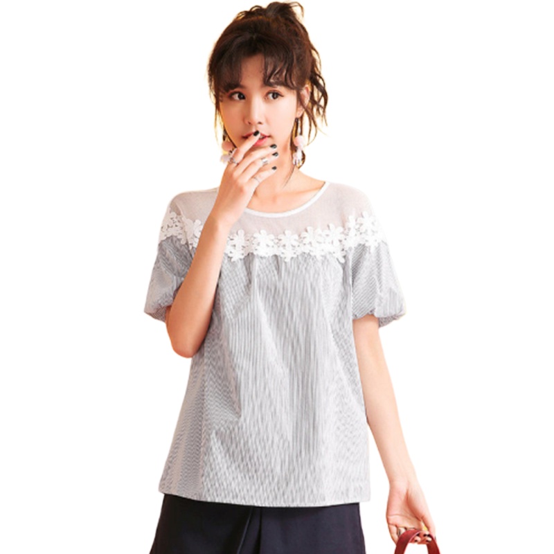 7M莫丽菲尔韩版宽松夏季新款拼接圆领上衣条纹花边显瘦短袖衬衫女70008806