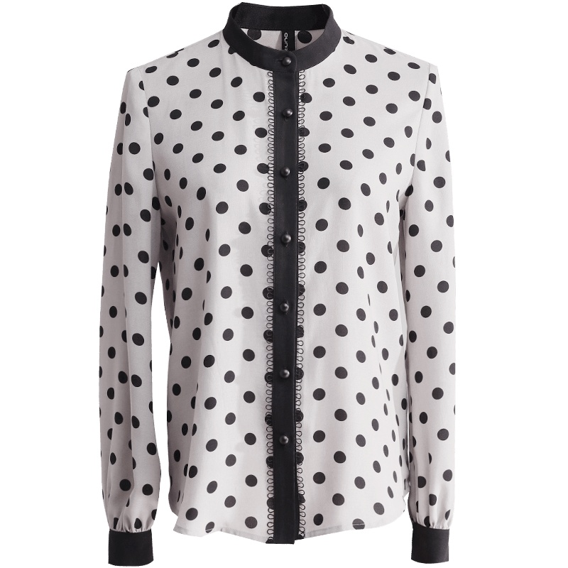 欧昵雪OL撞色圆点印花立领衬衫女上衣波点长袖衬衣