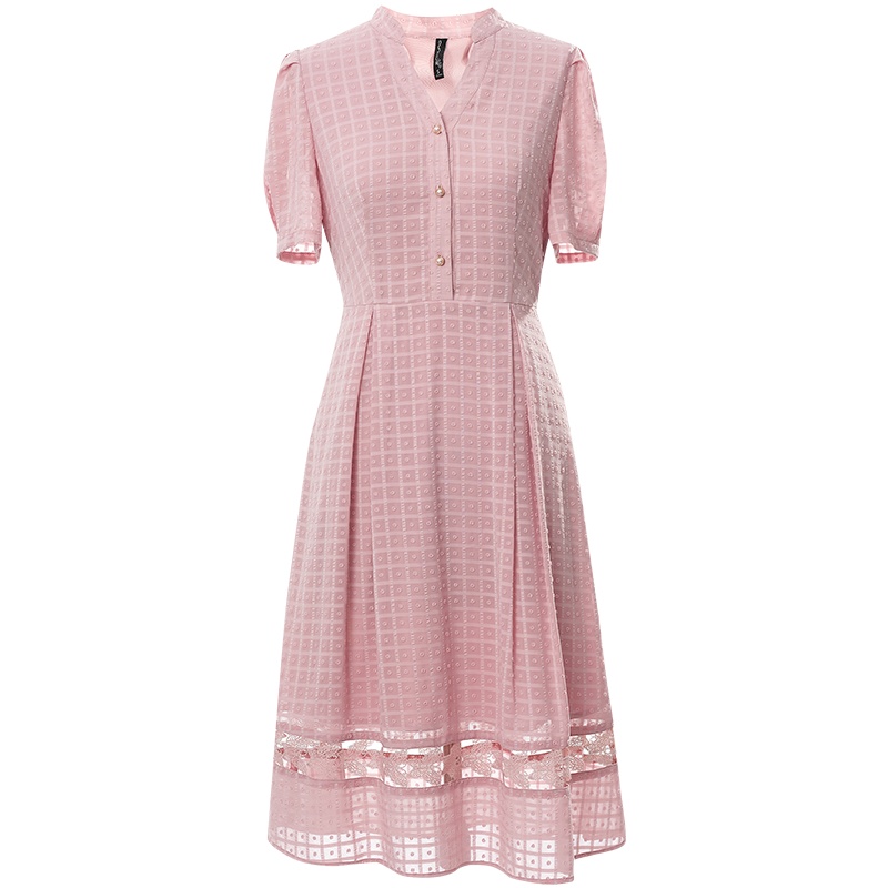 欧昵雪夏季气质半开领收腰格子雪纺连衣裙女泡泡袖a字裙