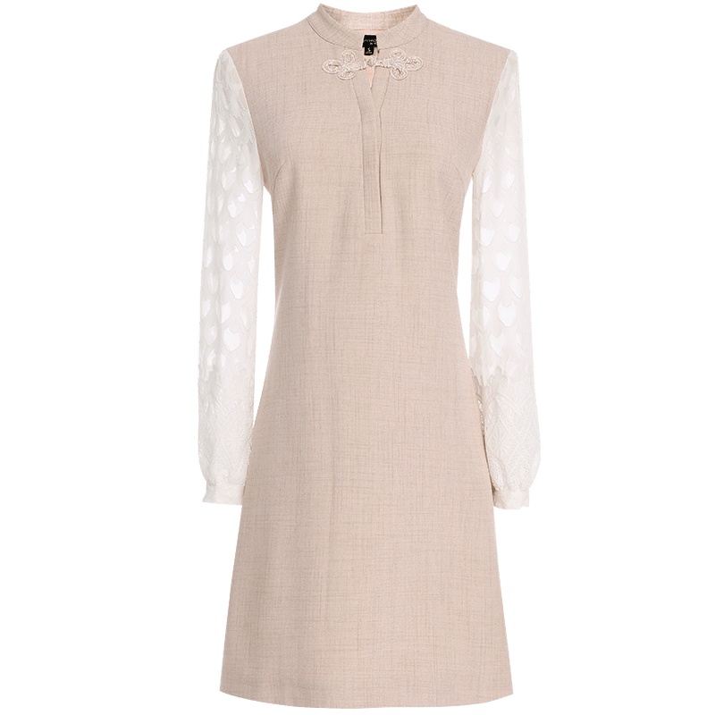 欧昵雪立领拼接雪纺提花长袖显瘦连衣裙女假两件短裙